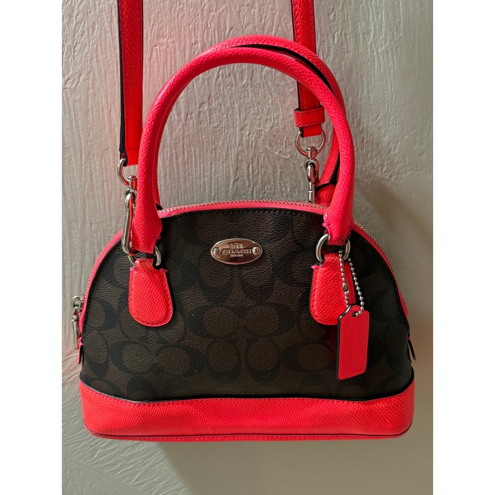 Coach Sierra Mini Satchel Signature Canvas Neon Pink Leather Trim Crossbody Bag